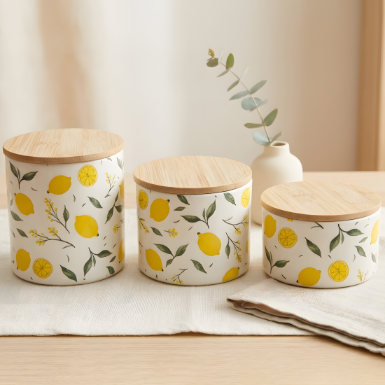 Lemon Pattern Porcelain Jar Set - 3 Pcs